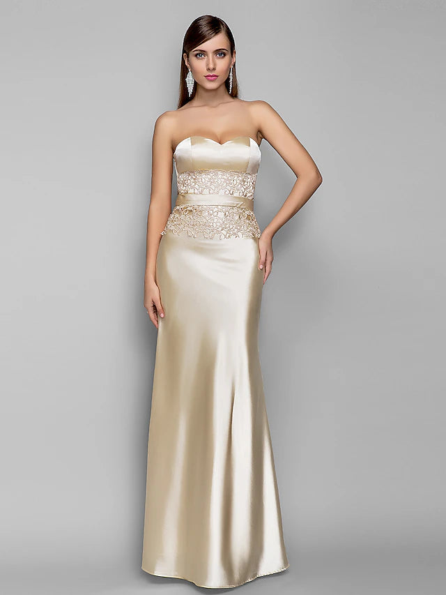 Meerjungfrau/Trompete Abendkleid mit offenem Rücken, Kleid für Hochzeitsgäste, bodenlang, ärmellos, Herzausschnitt, Stretch-Satin mit Applikationen